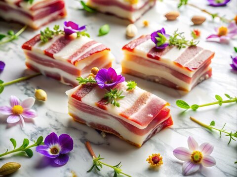 milk-cured bacon sashays on a white marble countertop amidst delicate edible flowers
