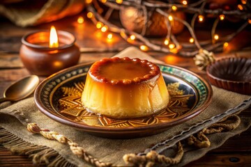 Caramelized sugar crystalizing on creamy Flan, amidst vintage linens and warm golden lighting, in a classic Mexican dessert setting.