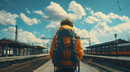 Backpacker walking on railway station platform towards train for new adventures