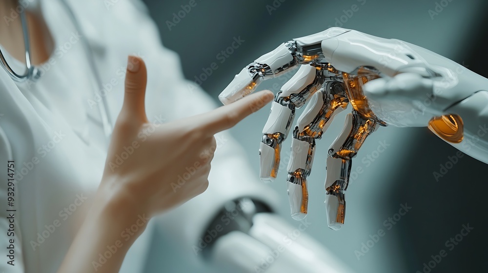 Aufkleber Medical Ai Hands of robot and human touching on medical data network connection AI robot for diagnosis increasing accuracy patient treatment in future technology to improve patient hea : Generative AI