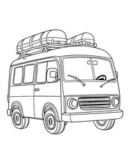 A simple, minimalist black-and-white coloring page drawing of an old van with a roof rack carrying two canoes
