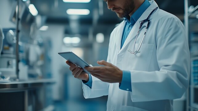 Man doctor and tablet in research medical or Telehealth for communication or networking at hospital Closeup of male person or healthcare surgeon on technology for social media or onlin : Generative AI