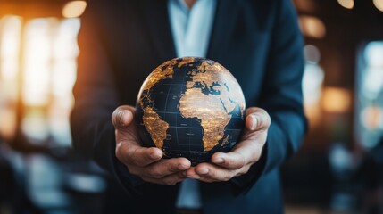 Franchise business concept, Franchise business or marketing expansion for growth. Businessman holding globe with franchise marketing system in global business network. 