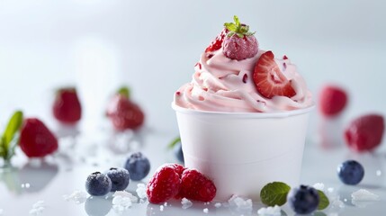 macro shot of a white paper cup filled with frozen yogurt topped with strawberries and blueberries, with floating ice particles against a light background