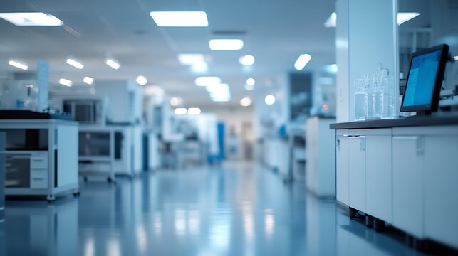 Abstract blurred science lab interior room blurry working space with defocused : Generative AI