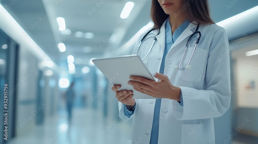 Poster women doctors and explain on tablet in hospital for patient information appointment and schedule dat