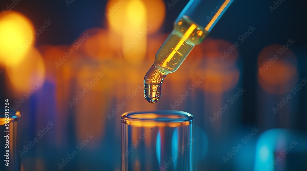 Aufkleber dripping liquid from pipette into test tube on blurred background closeup : generative ai