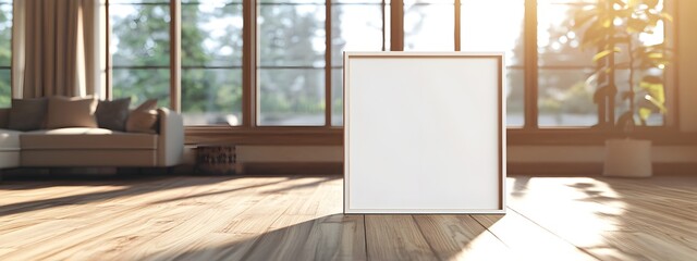 Serene of a Wooden Frame Mockup Resting on the Floor of a Sunlit,Cozy Living Room with Large Windows and Style or Technique,Visual Influence or Era,Background Style or Setting Elements