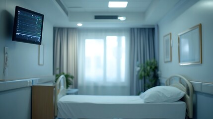 Patient hospital ward blur background medical blurry interior white room ward with with bed nursing care or clinical healthcare recovery treatment space : Generative AI
