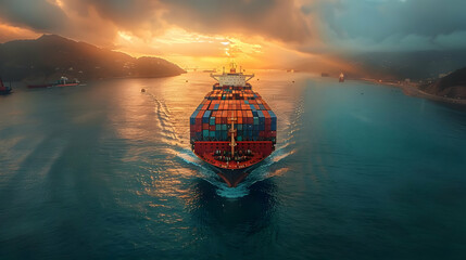 Fototapeta premium Aerial View of Cargo Ship Sailing Through Ocean at Sunset - Photo