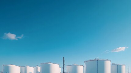 Row many large industrial fuel storage white tanks clear blue sky background on sunny day Oil storage refinery depot liquid facilities Energy hazmat railroad transportation storage and : Generative AI