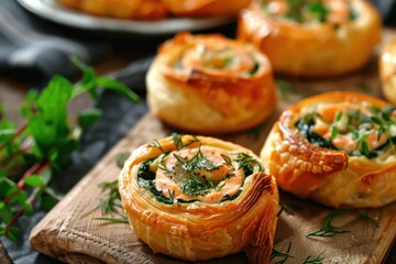 Salmon cheese and spinach pinwheels on wooden board