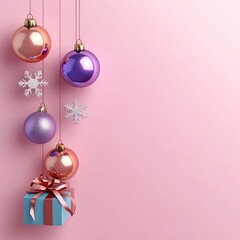 Christmas balls snowflakes with gift box greeting card background. Hanging multicolor Christmas balls with snowflakes and gift box with copy space. xmas card, christmas background