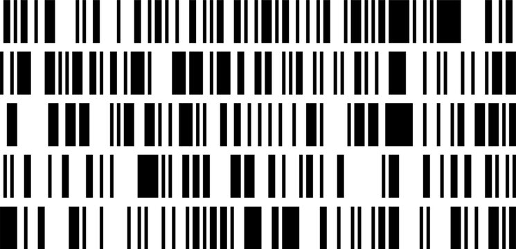 Seamless pattern with several vertical barcodes. Simple black and white vector bg. 2 bit image of machine coding for marking goods and reading by scanner. Irregular thin and thick lines
