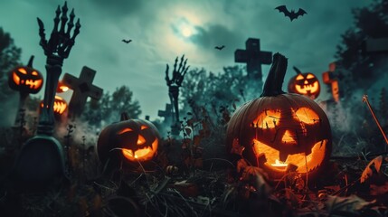 Fototapeta premium Flaming pumpkins illuminate a dark graveyard, surrounded by eerie zombie hands reaching through the soil and mist