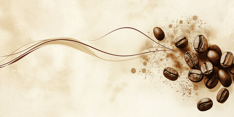 Brown coffee beans artistically arranged on a light background with elegant, sweeping lines. Suitable for refined, abstract, and sophisticated coffee concepts.