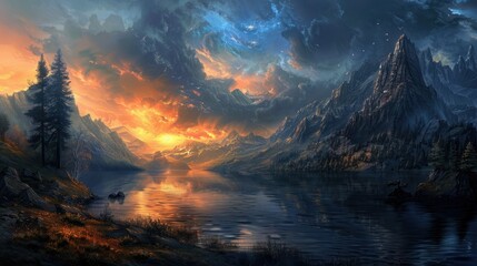 Fototapeta premium Majestic Mountain Range Sunset Over Lake