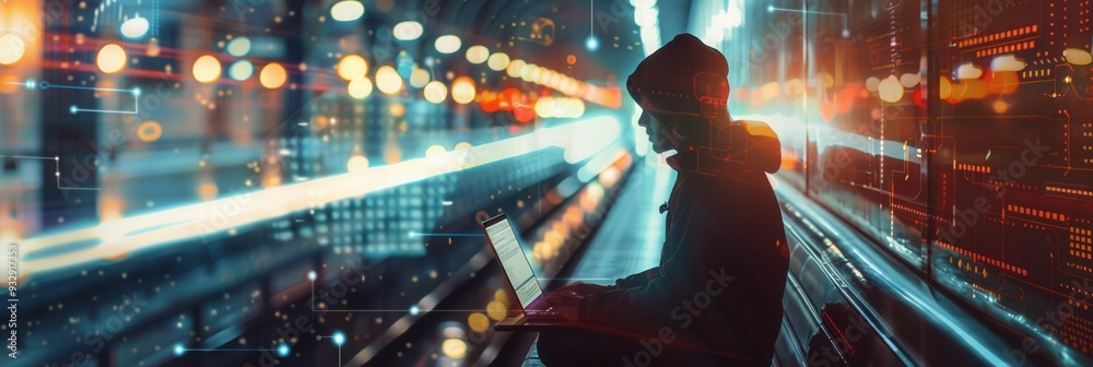 Poster a hacker types on a laptop in a crowded metro station, showcasing the vulnerabilities of public wi-f