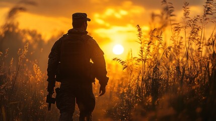 Silhouette of a Soldier at Sunset