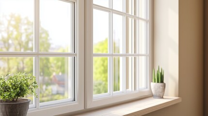 Fototapeta premium A bright and airy window scene with a potted plant, showcasing nature and sunlight in a cozy interior setting.