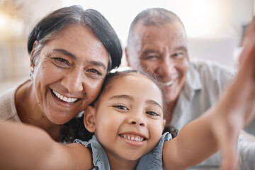 Selfie, smile and portrait of child with grandparents in home for memory, bonding or family time....