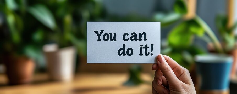 A person holding up an inspiring card that says "You can do it!" with the text in bold, black letters on white paper. The background is blurred and neutral to highlight the message of determination.