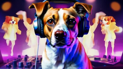 Dog DJing at a vibrant party with colorful lights and energetic vibe