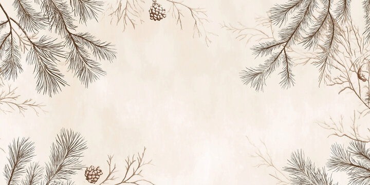 Hand-drawn pine tree branches with pinecones on a beige background, creating a vintage, rustic feel. Ideal for holiday themes with copy space.