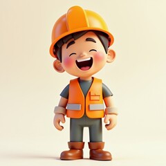Cheerful 3D cartoon character of a worker in an orange vest and helmet, ideal for International Labor Day promotions or worker appreciation, with copy space.