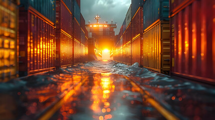 Fototapeta premium Golden Sunset Over Container Ship Illustration