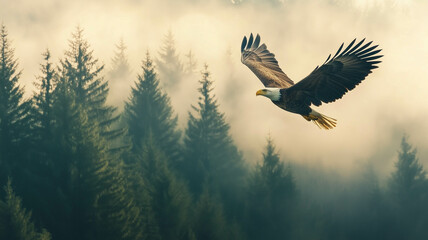 Fototapeta premium eagle soaring high above a forest,
