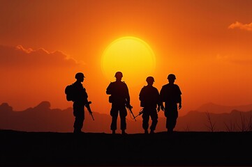 Silhouettes of soldiers at sunset, symbolizing bravery and camaraderie, ideal for military events, tributes, or veterans' day promotions with copy space.