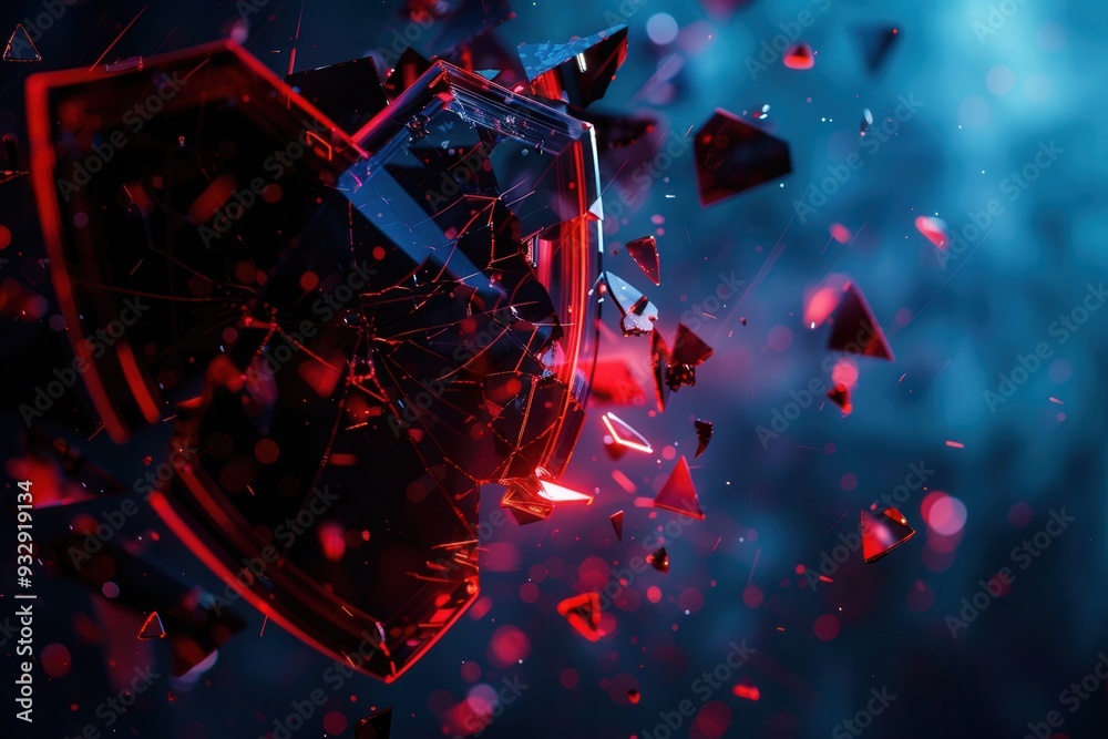 Fototapete a hacker breaches a digital shield, scattering fragments that symbolize a security compromise in a v