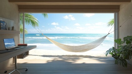 A laptop sits on a desk overlooking a beach hammock.