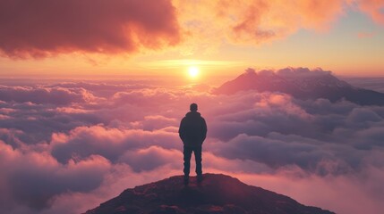 Fototapeta premium Man on Mountaintop at Sunset