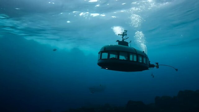 Underwater exploration in a deep-sea submersible near coral reefs