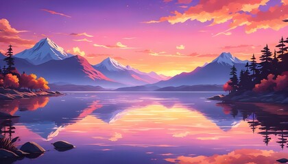 Vibrant Anime Sunset Landscape with Calm Lake and Mountains in Warm Orange and Pink Sky