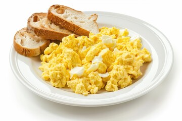 Scrambled eggs and bread slices on white plate