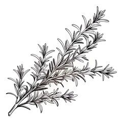 Obraz premium Detailed monochrome botanical graphic art of a delicately drawn rosemary sprig illustration reminiscent of vintage botanical sketches, featuring intricate linework and fine details in a timeless style