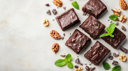 &ldquo;Top view of pieces of homemade chocolate brownie garnished with mint leaves and nuts, set against a soft background. Ample copy space for adding text or other elements.&rdquo;

