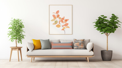 Living room setting with a mid-century modern sofa, accented with colorful throw pillows and a potted indoor plant 