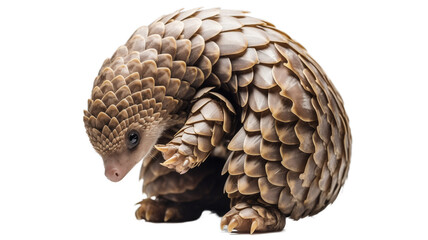 Pangolin curled into a ball, its textured scales clearly visible, isolated on transparent background 