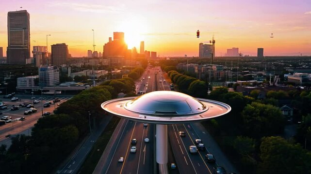 Sunset view of futuristic hovercraft over a busy highway in an urban setting