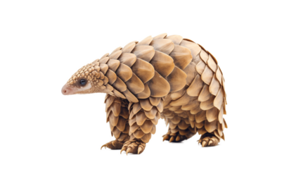 Pangolin with its head slightly turned, highlighting its armored body and intricate scale patterns, isolated on transparent background