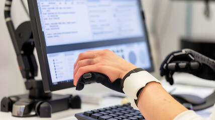 Person with a motor disability typing on a speech-generating device, the screen showing text as they communicate with another person