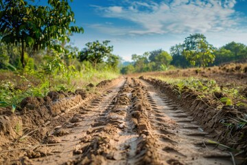 Obraz premium Tire tracks from a motorcycle in the plantation