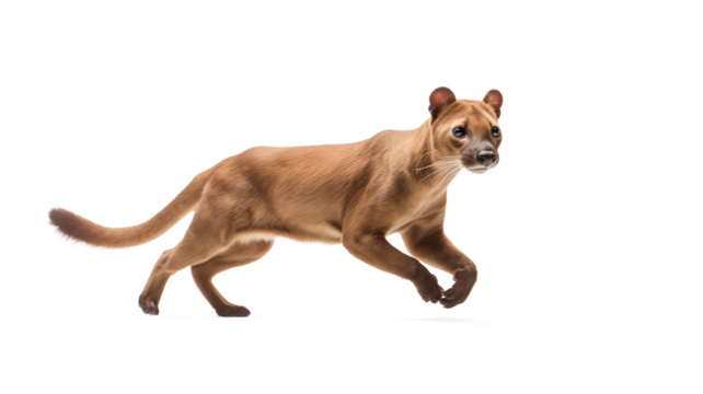 Fossa running its powerful limbs and streamlined body highlighted isolated on transparent background