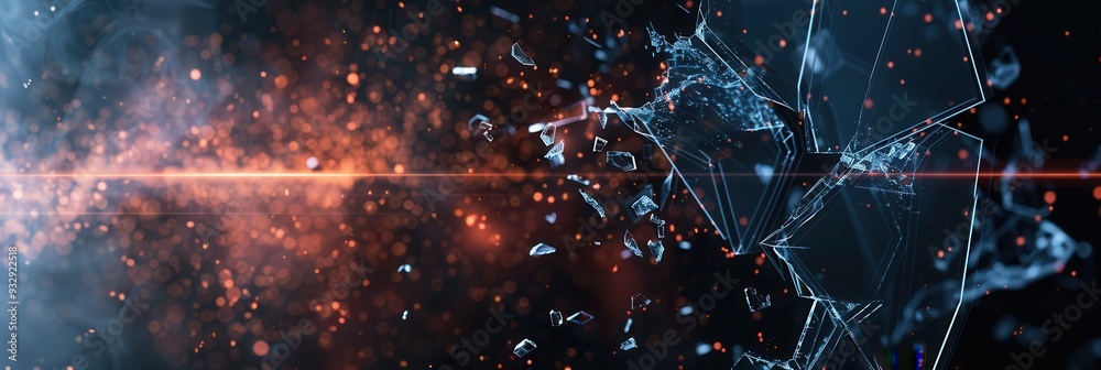 Poster a hacker breaks through a digital shield, causing fragments to scatter, representing a cybersecurity