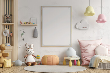 A whimsical colorful bedroom furniture interior blank wall frame mockup in a child toy elements, 3d render