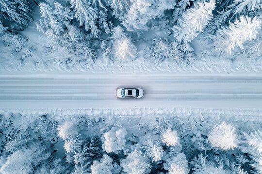 Top down aerial view of white car on straight winter road near frozen forest